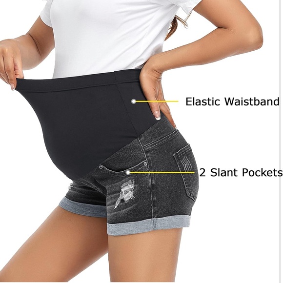 Women's Black Denim Maternity Shorts - Picture 1 of 5